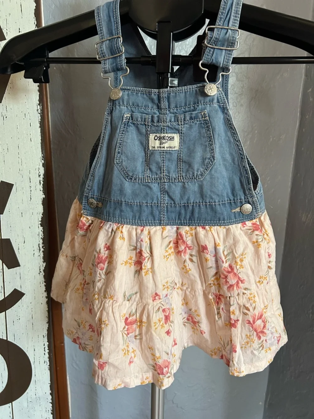 OshKosh B'gosh Denim Bib Skirtall with Pink Floral Skirt